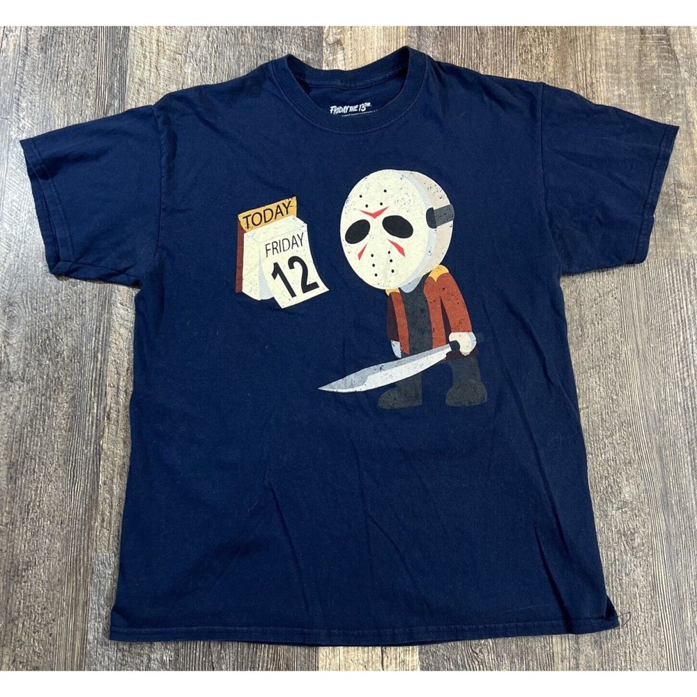 Jason Voorhees Friday the 13th T Shirt Navy Blue Calendar Horror Size Large